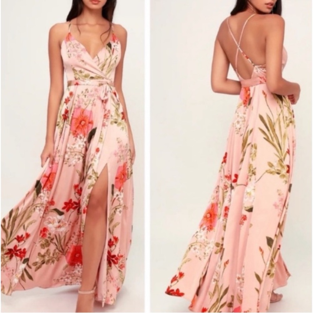 Lulus Still the One Blush Pink Floral Print Satin Maxi Dress